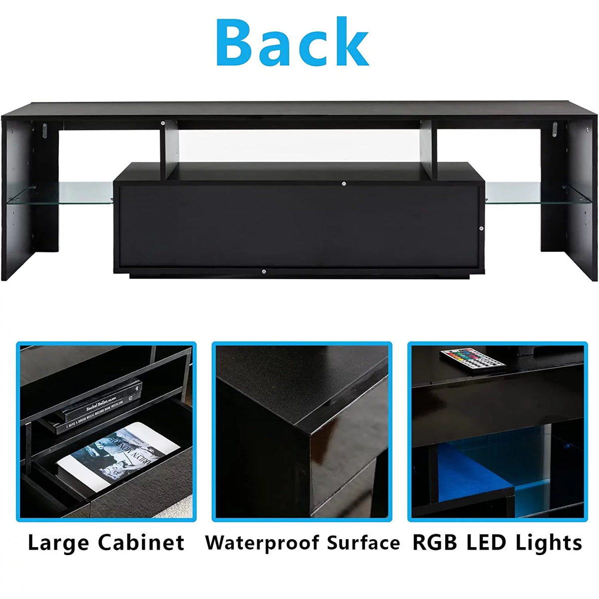 Black LED Light TV Stand with Drawer and Glass Shelf O591