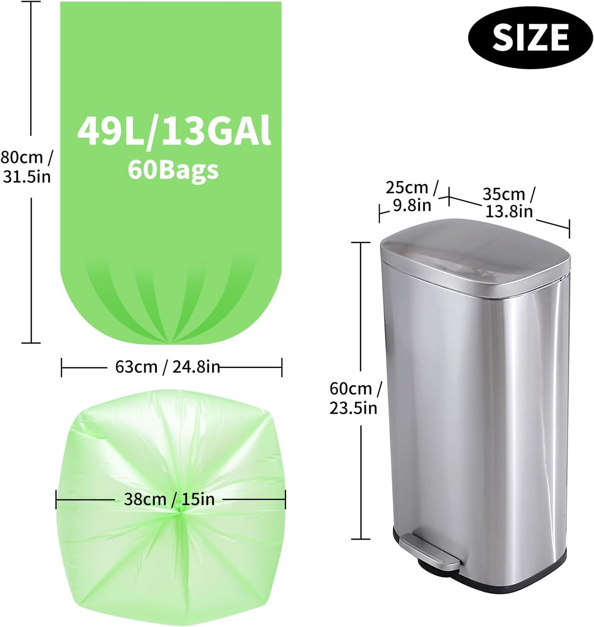 Biodegradable Tall 13 Gallon 60 Counts Thickened 1.4 Mil Unscented Garbage Bags R5142