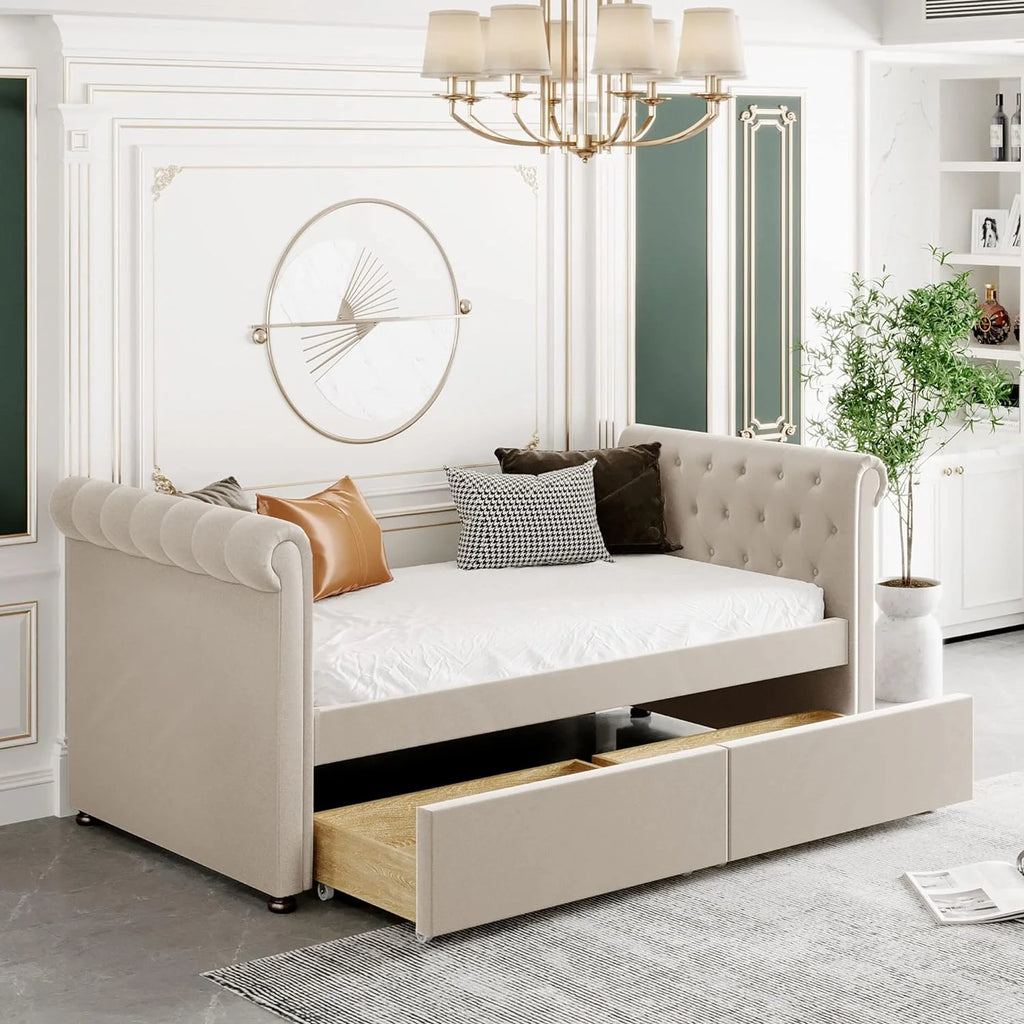 Beige Upholstered Daybed with Storage and 2 Drawers R816
