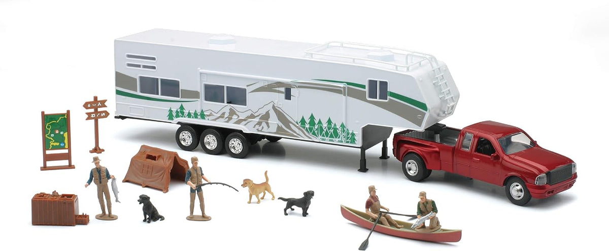 Die Cast Pick Up Truck with Camper Trailer and Accessories J5334