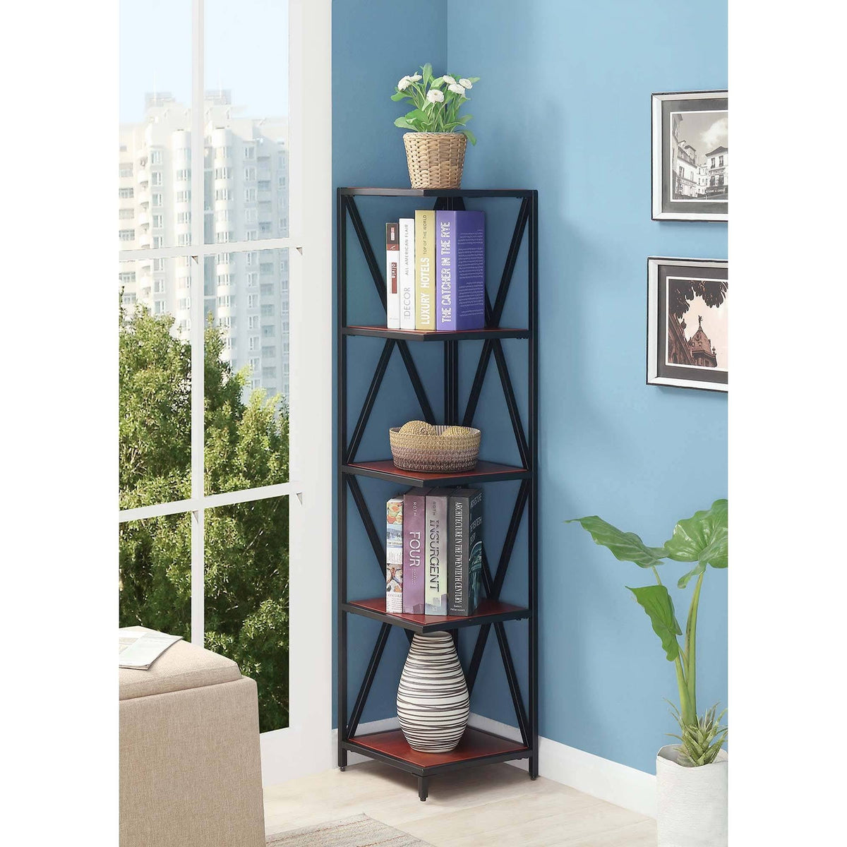 Cherry/Black Metal 5 Tier Corner Bookcase M42832