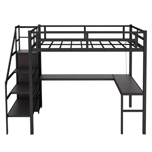 Full XL Size Black Metal Loft Bed with L-Shaped Desk and Stairs P58160