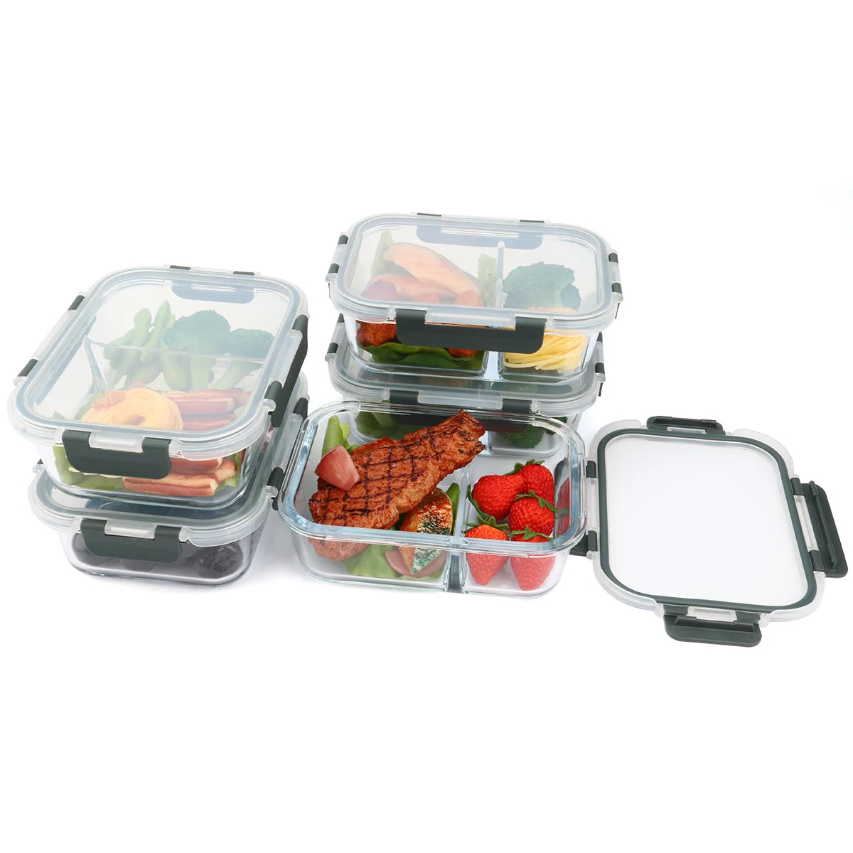 5-Pack 36 Oz 2 Compartments Glass Food Storage Containers with Locking Lids I341260