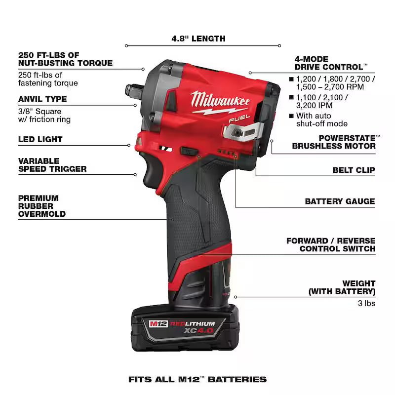 12V Brushless Cordless 3/8 in. Impact Wrench Kit with 6.0Ah Battery W45972