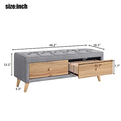 Gray Upholstered Wooden Storage Ottoman Bench with 2 Drawers D9325