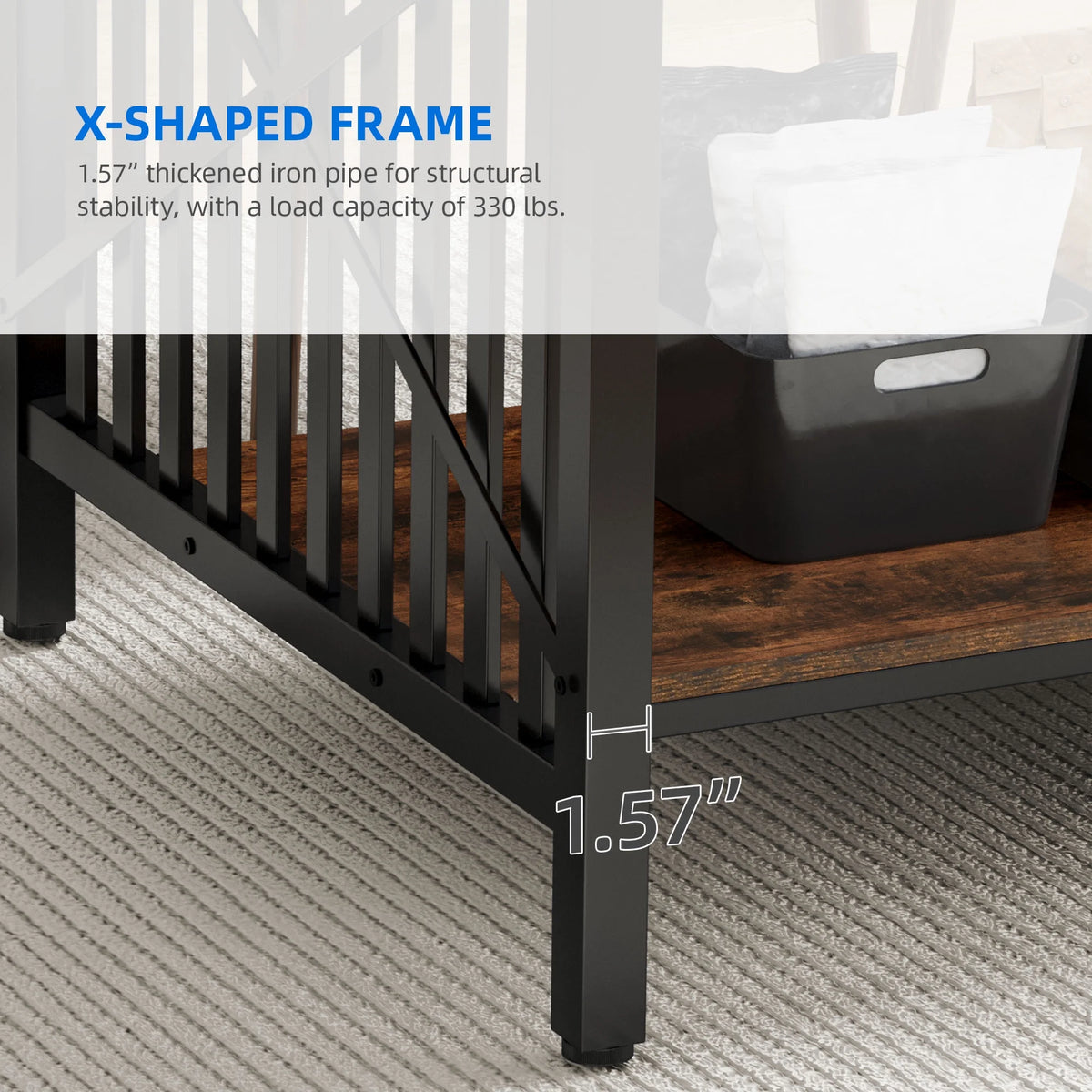 Rustic Brown Industrial Rectangular Wood Dining Table with Storage J5320