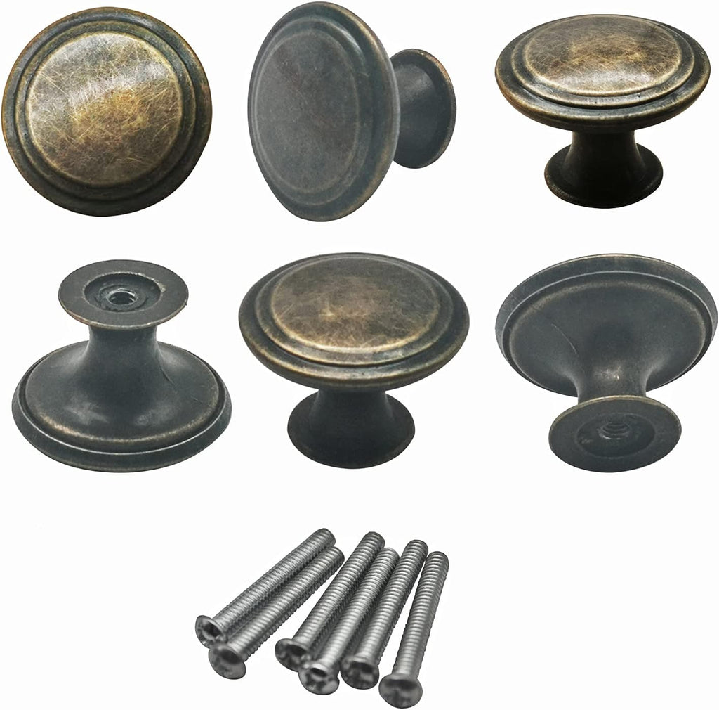 Antique Brass 6 Pack 1.18 inch Cabinet Knobs and Pulls F7581