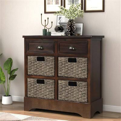 Rustic Storage Cabinet with Two Drawers and Four Rattan Basket I886
