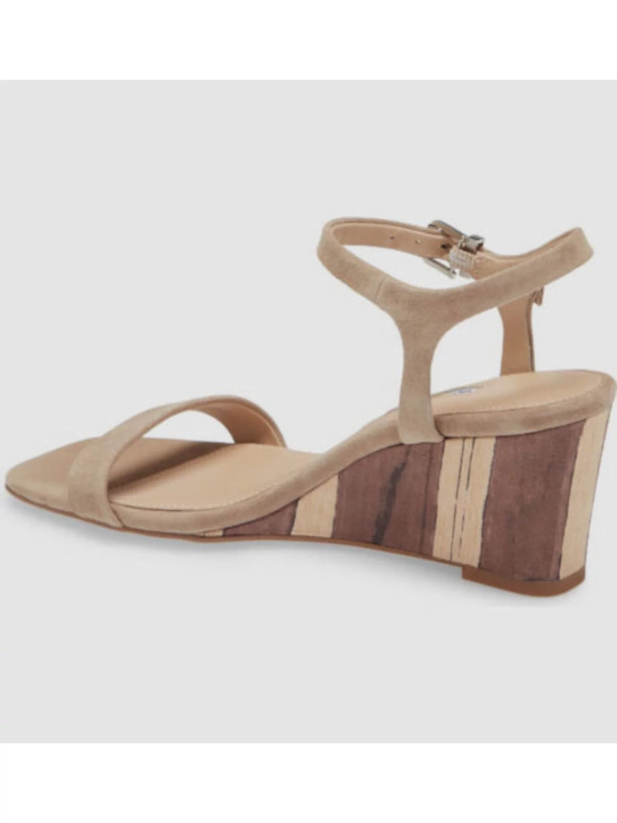 Beige Striped Adjustable Padded Ankle Strap Square Toe Wedge Leather Dress Sandals Z506