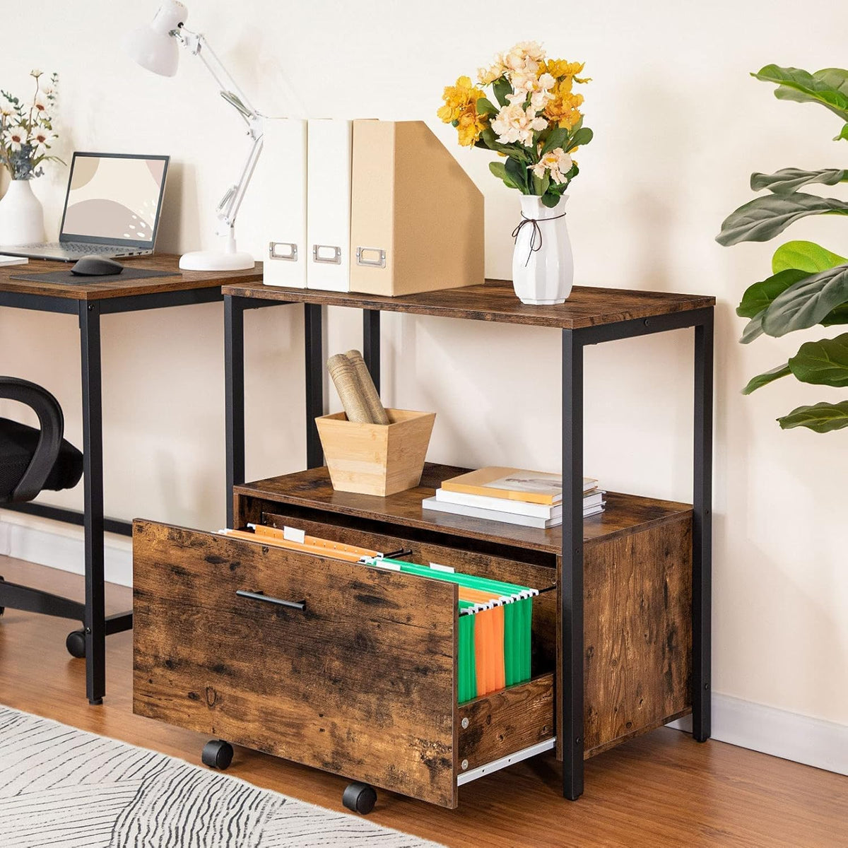 Rustic Brown Lateral File Cabinet with Storage Shelves V4239