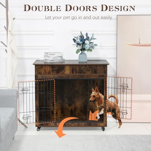 Grey 31.7" L×23.2" W×33" H Wooden Dog Crate with 2 Drawers Q75603