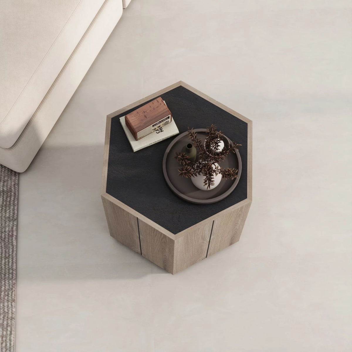 Textured Black Warm Oak Corner Table with Drawer R365