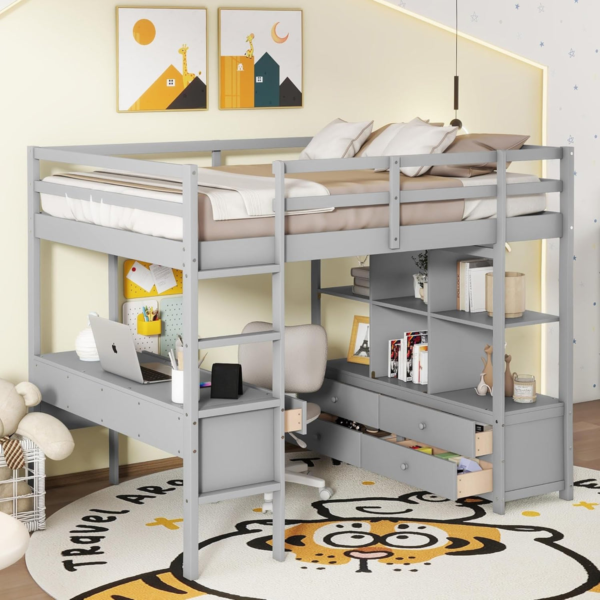 Full Size Solid Wood Loft Bed with Desk and 2 Drawers, Grey Q221564