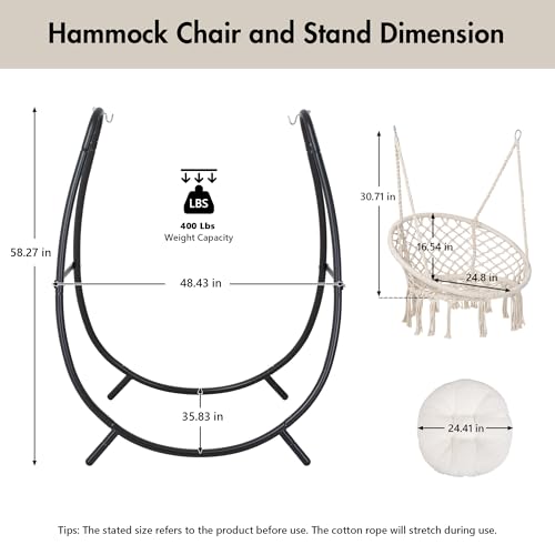 Macrame Hammock Chair with Stand, Heavy Duty Hanging Chair Stand, Includes Seat Cushion, Max 400 Lbs, Natural F25357