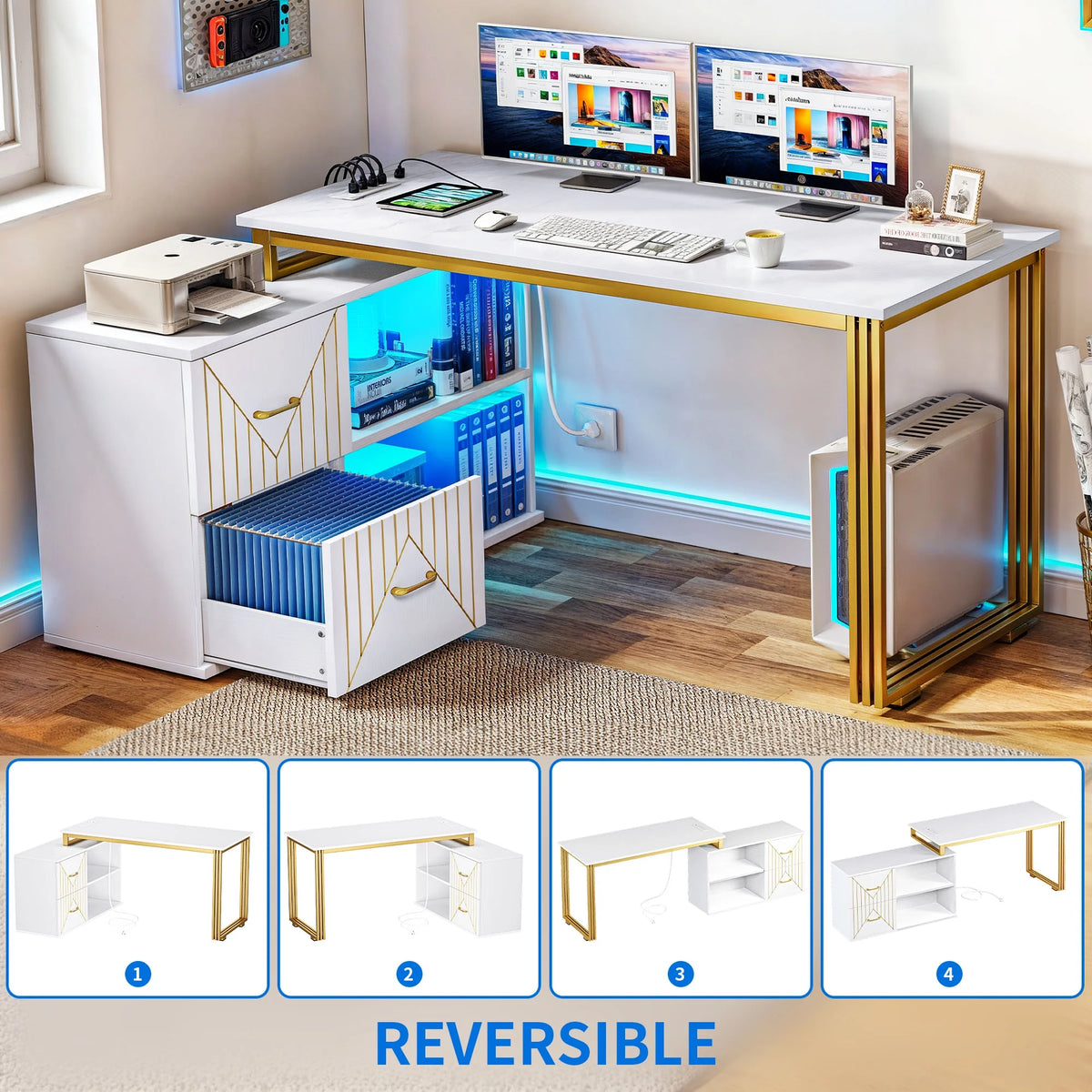 White 55 Inch L Shaped Corner Desk with Drawers and Storage Shelves T977199