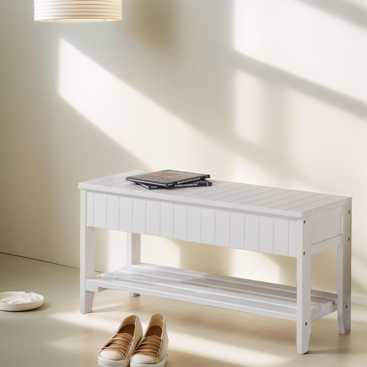 White Solid Wood Storage Bench with Open Shelves R48298