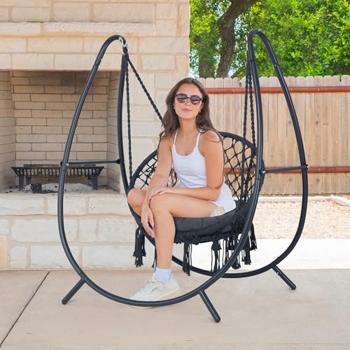 Macrame Hammock Chair with Stand, Heavy Duty Hanging Chair Stand, Includes Seat Cushion, Max 400 Lbs, Natural F25357