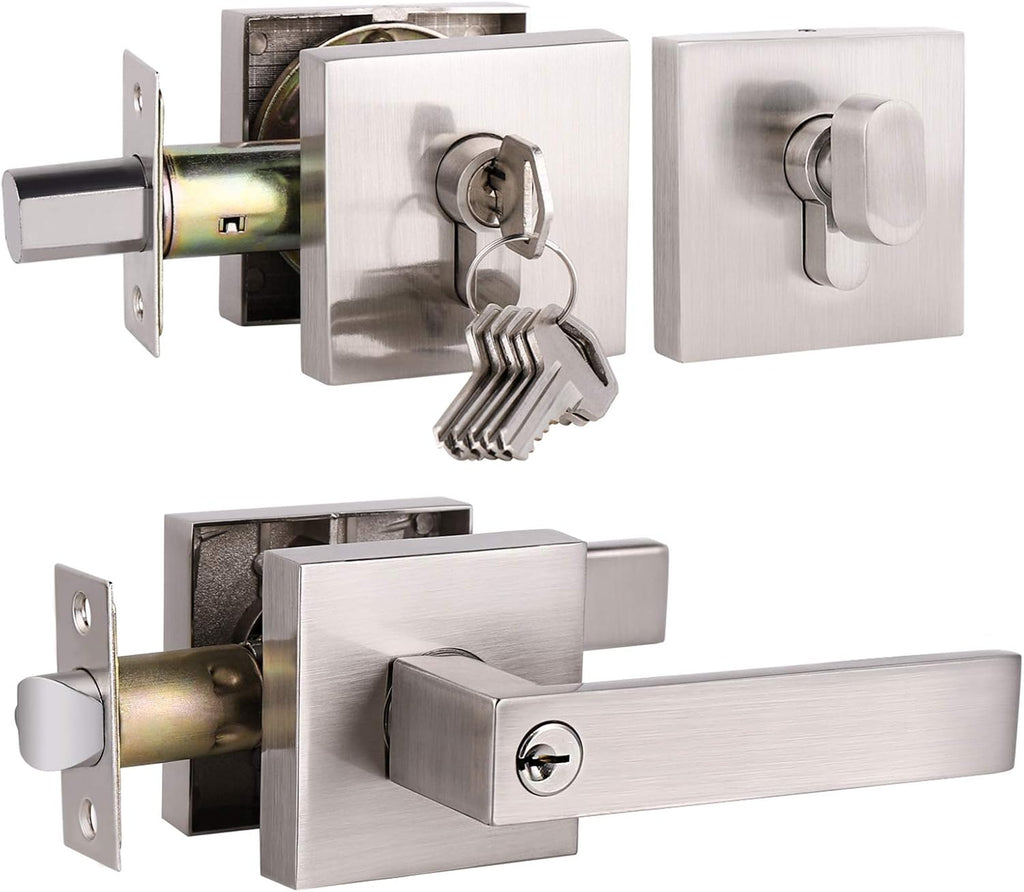 Brushed Nickel Square Entrance Door Lever with Deadbolt Locksets, 2 Pack Z98536