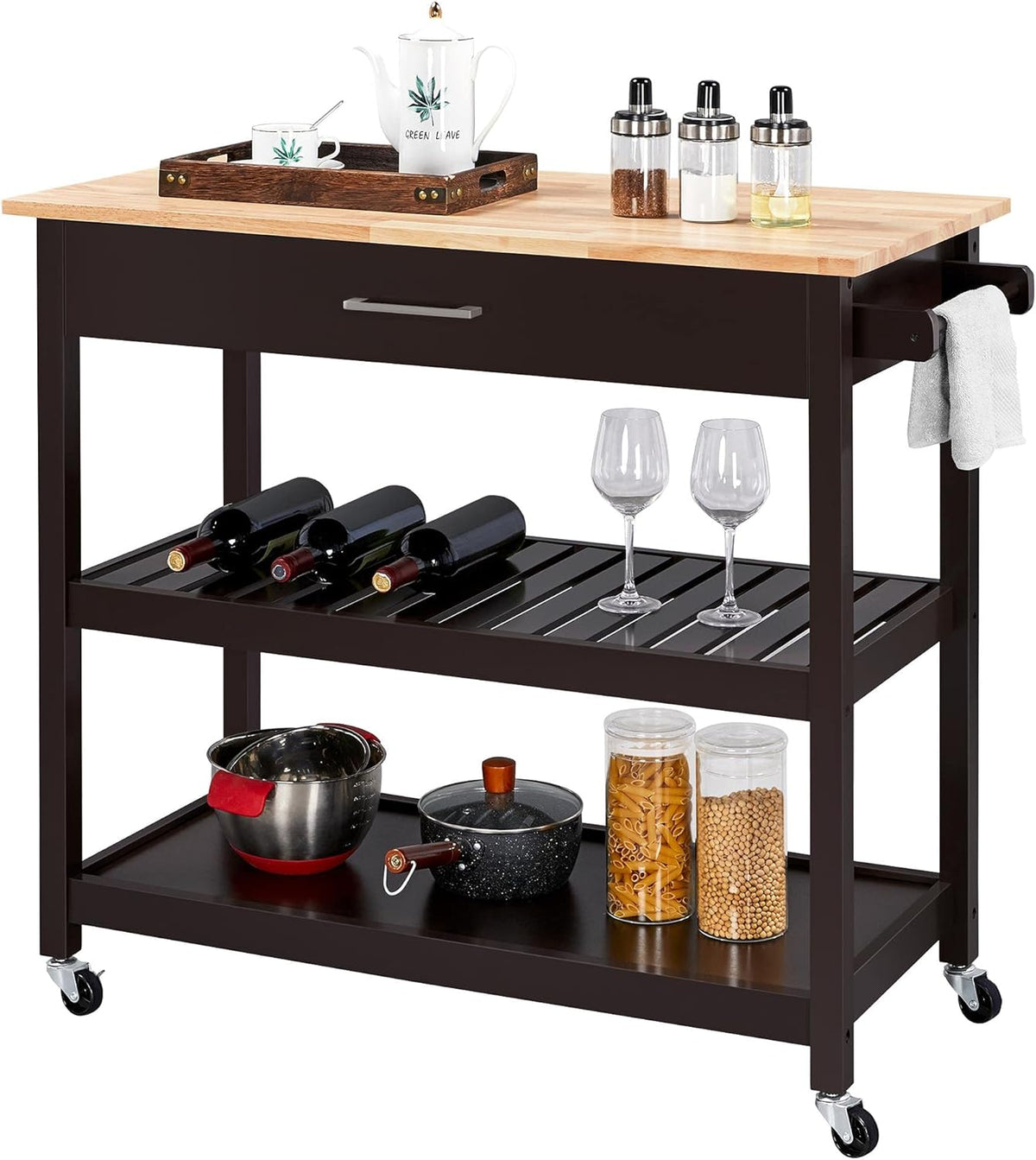 White 3 Tier Rolling Kitchen Cart with Solid Wood Countertop A885