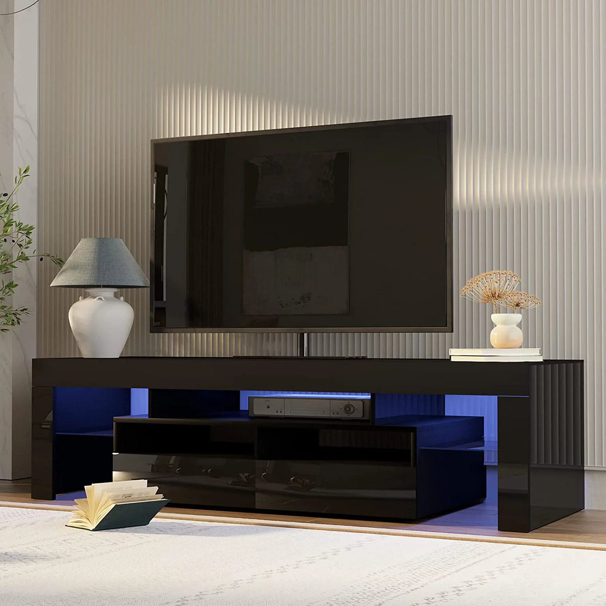 Black LED Light TV Stand with Drawer and Glass Shelf O591