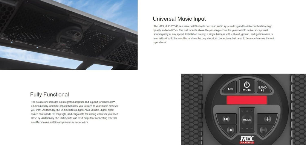 Bluetooth Overhead UTV Audio System with Four Speakers and Built-In Amplifier W529