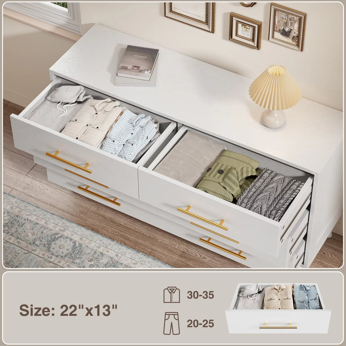 White 6 Drawer Dresser with Gold Handles B68542