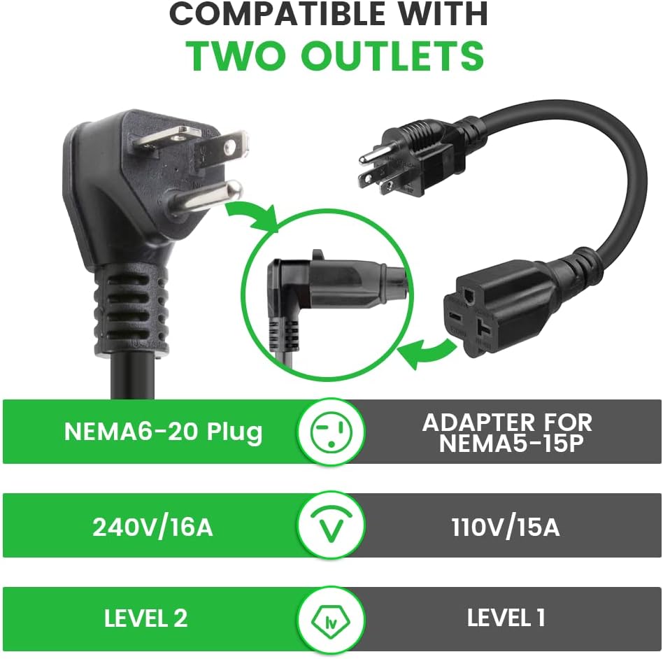Portable EV Charger with NEMA 6-20 Plug and NEMA 5-15 Adapter, 25ft, IP65 T2552