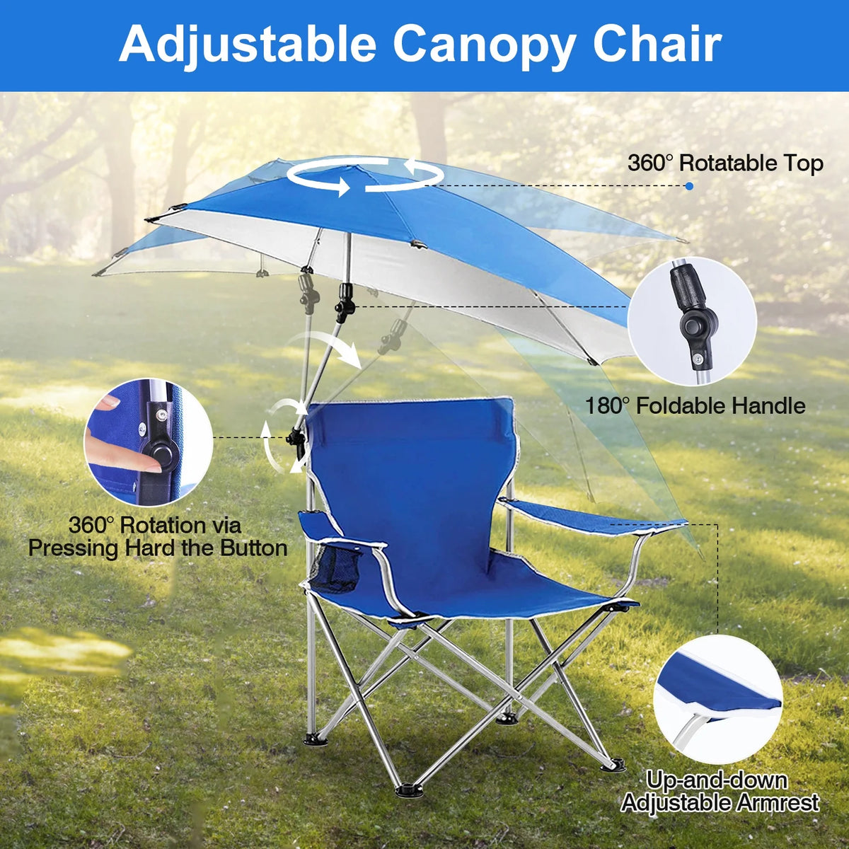 Blue Foldable Beach Chair with Detachable Umbrella Cup Holder Carry Bag N7143