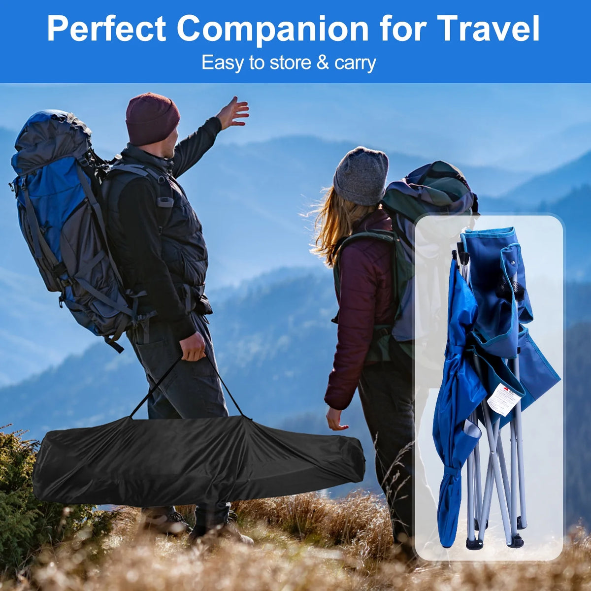 Blue Foldable Beach Chair with Detachable Umbrella Cup Holder Carry Bag N7143