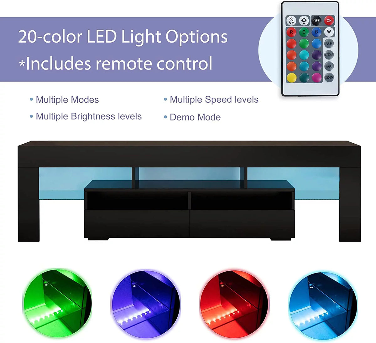 Black LED Light TV Stand with Drawer and Glass Shelf O591