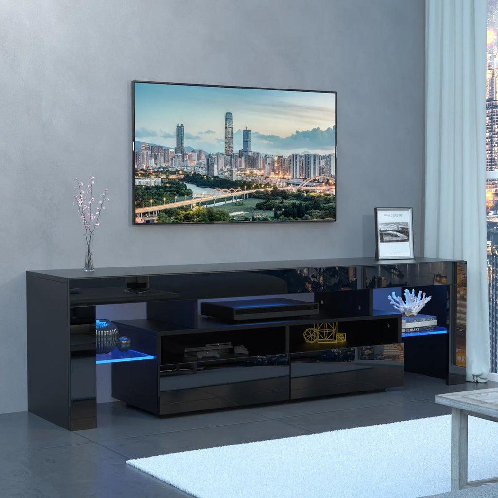 Black LED Light TV Stand with Drawer and Glass Shelf O591