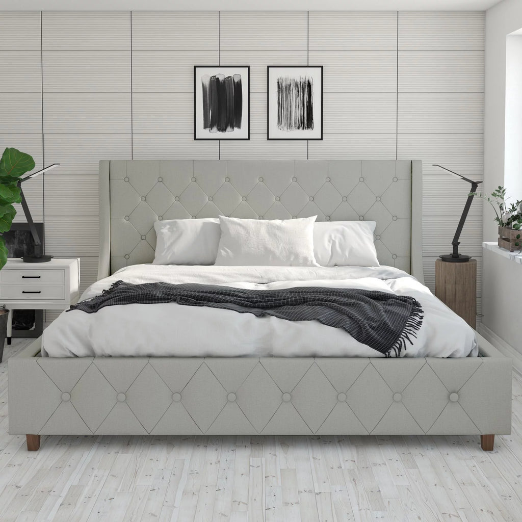 King Light Gray Linen Upholstered Bed J53110