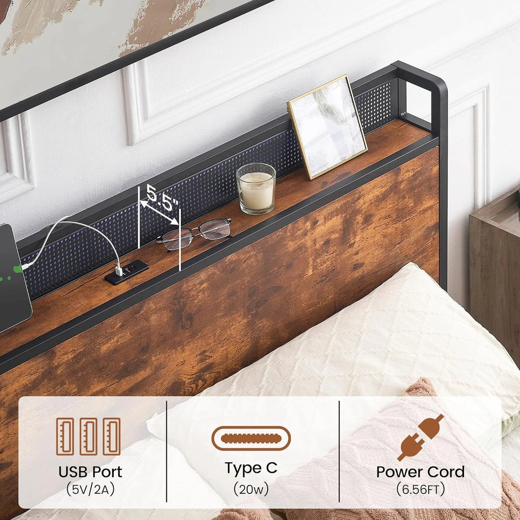 Queen Bed Frame with Storage Drawers and Charging Station U252510