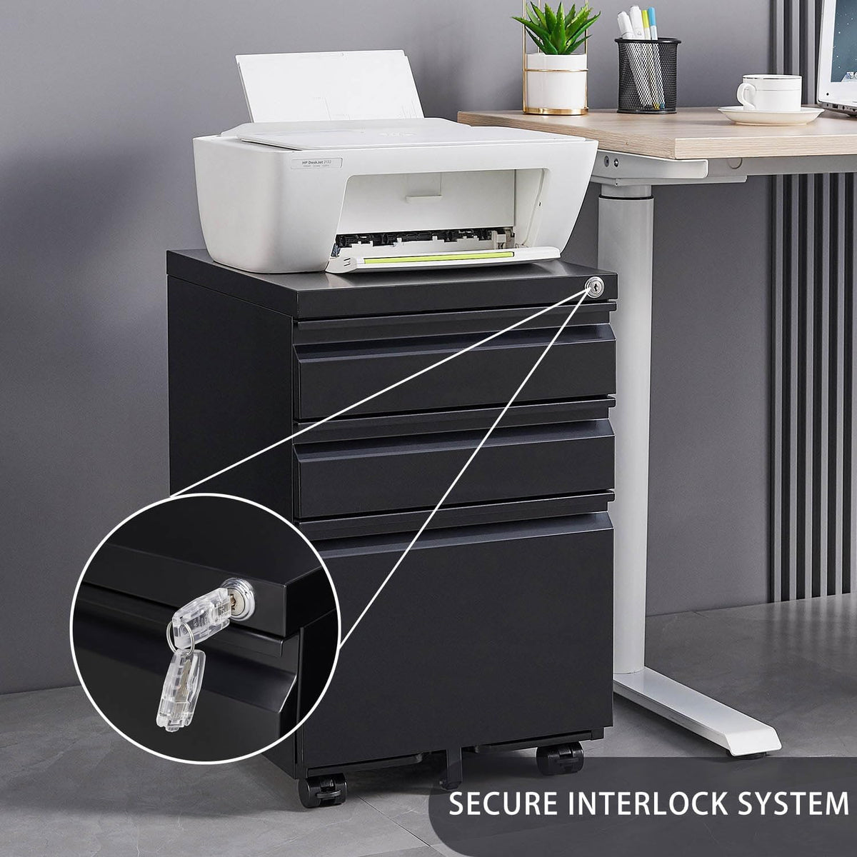 Black Steel 3-Drawer Rolling File Cabinet M48129