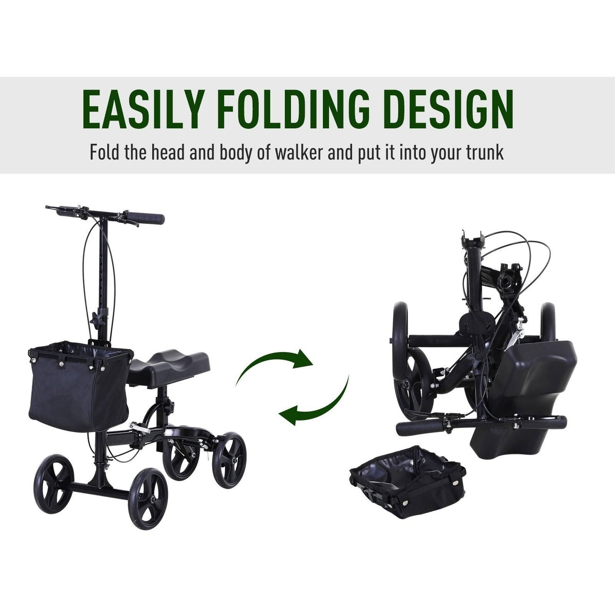 Black Foldable Knee Walker Scooter with Basket C9095