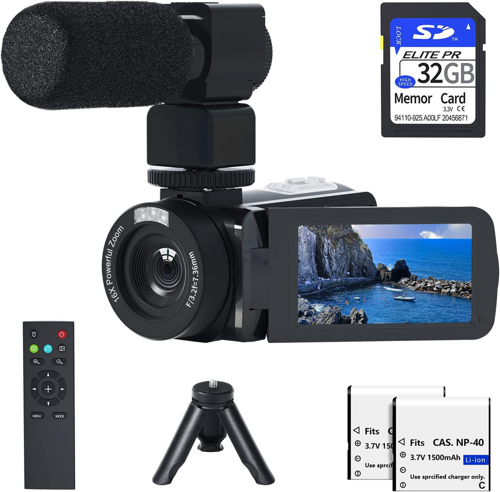 1080P 30MP Vlogging Camera Camcorder with External Microphone, Mini Tripod, 2 Batteries and 32GB SD Card I291130