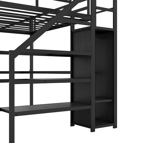 Full XL Size Black Metal Loft Bed with L-Shaped Desk and Stairs P58160