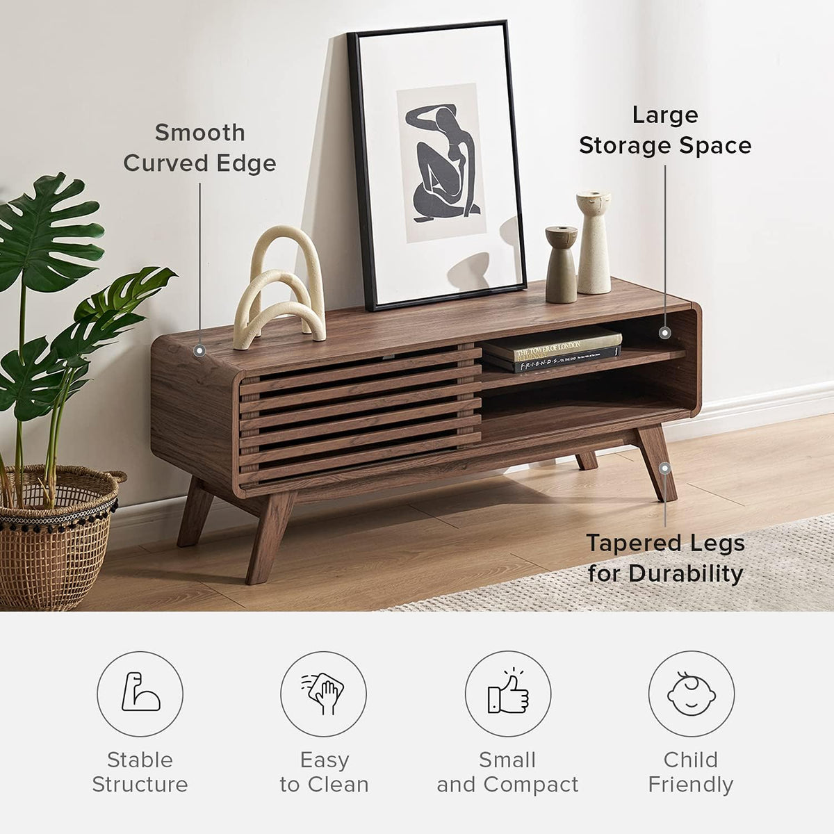 Scandinavian TV Stand with Slatted Door A256