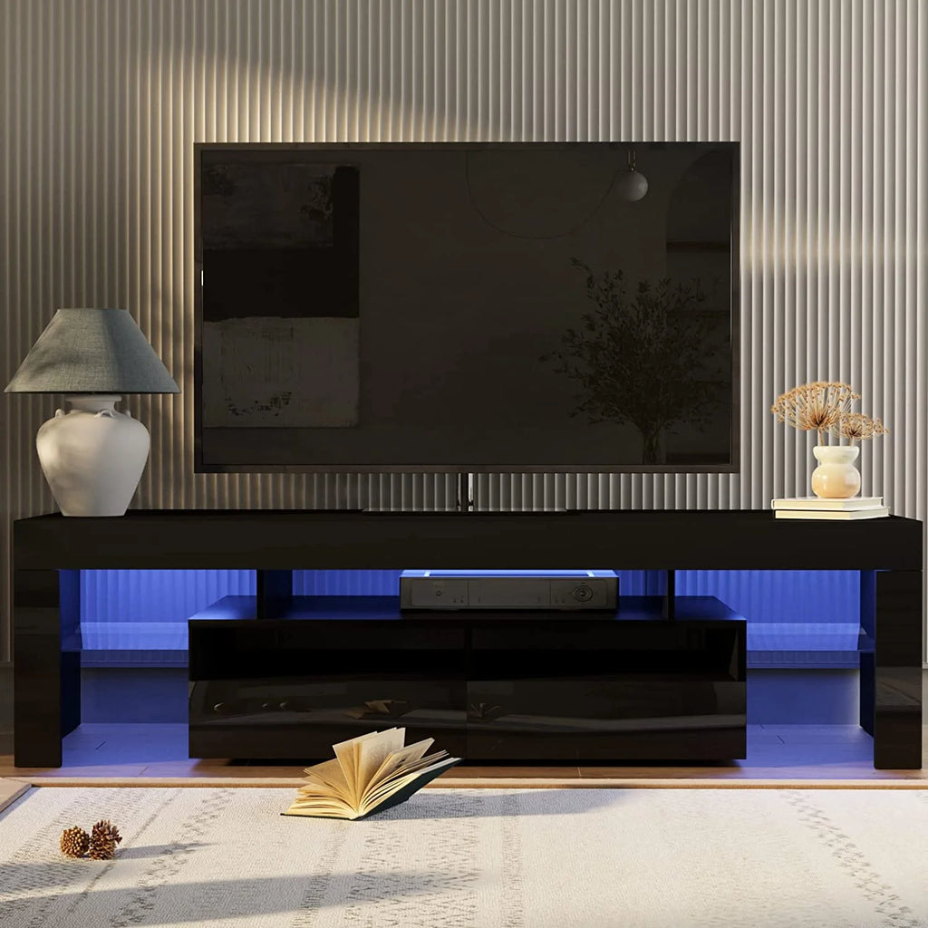 Black LED Light TV Stand with Drawer and Glass Shelf O591
