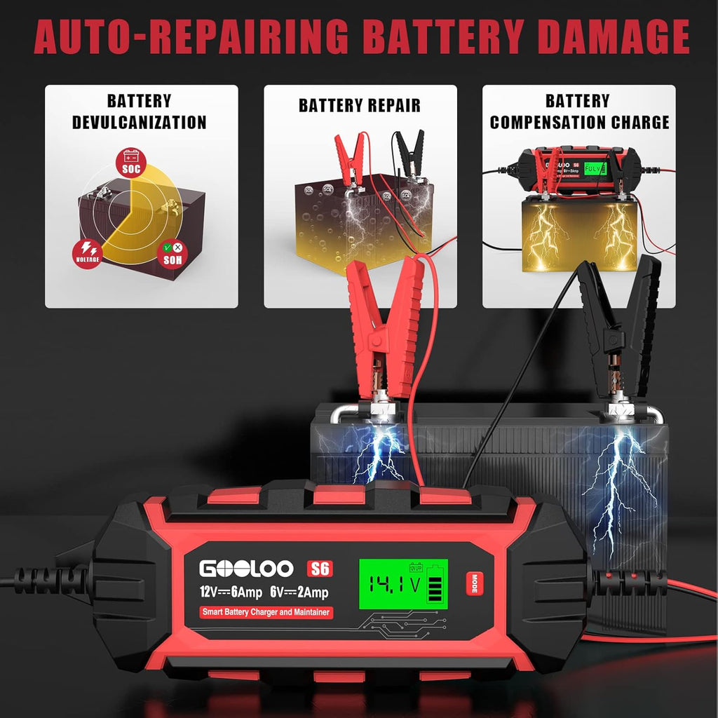 6 Amp 6V 12V Battery Charger Maintainer for Lead-Acid Battery Up to 150Ah LCD Display Pack of 2 L605