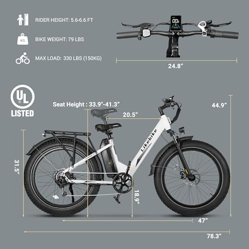 26" Fat Tire Electric Mountain Bike with 48V 13Ah Battery 7-Speed Front Suspension I69787