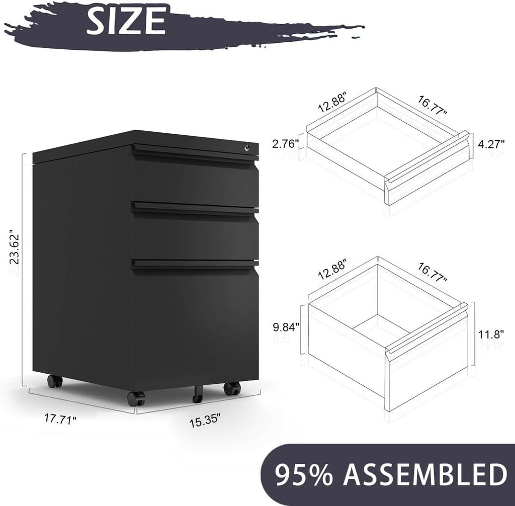 Black Steel 3-Drawer Rolling File Cabinet M48129