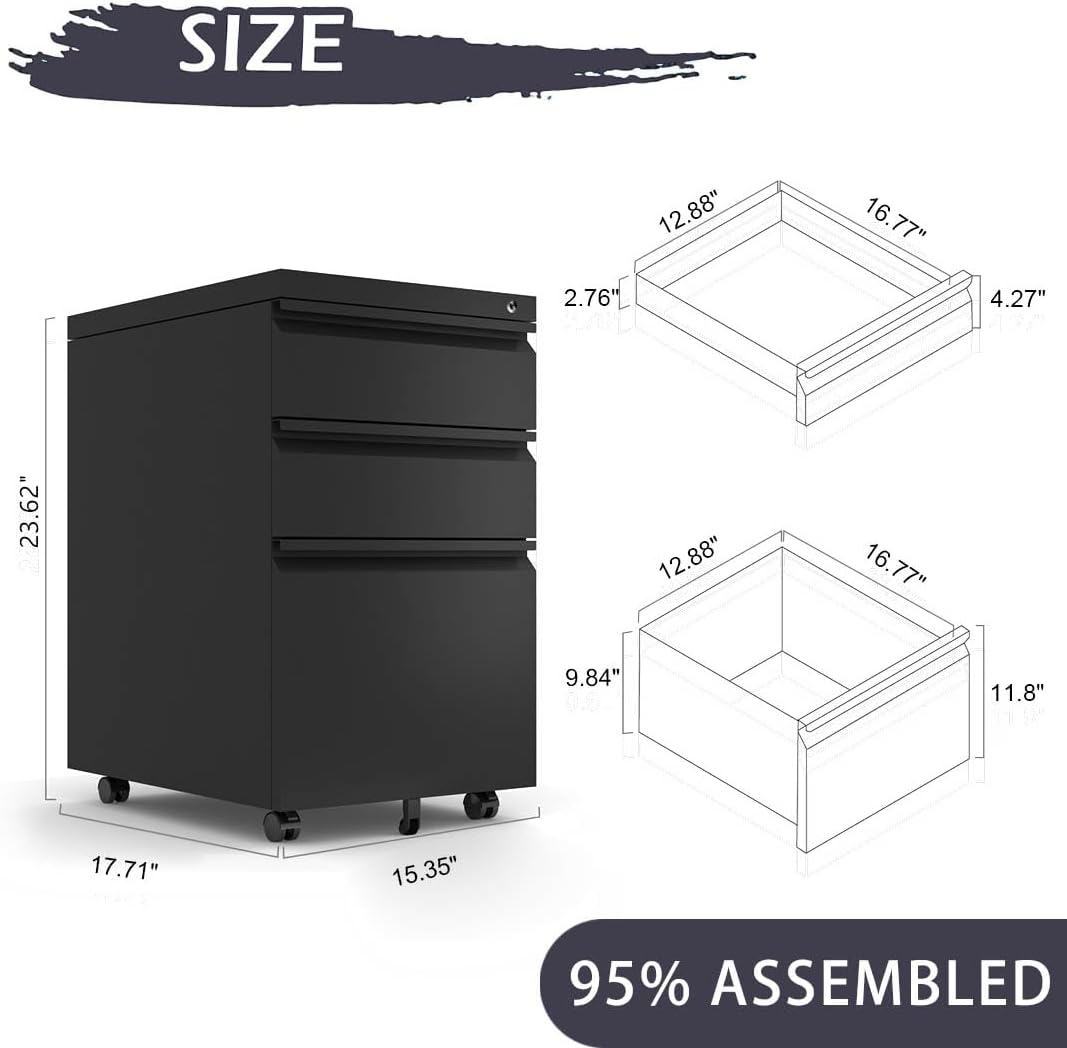 Black Steel 3-Drawer Rolling File Cabinet M48129