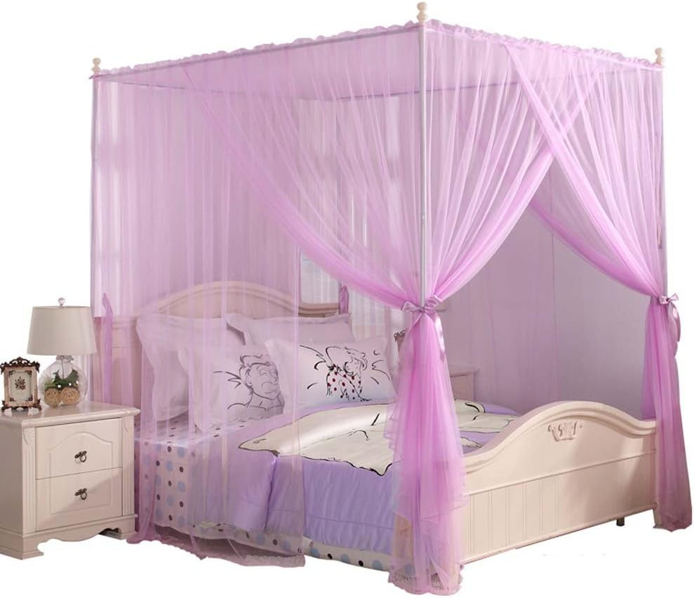 Queen Black Canopy Bed Frame with Bed Drape Netting Y683476