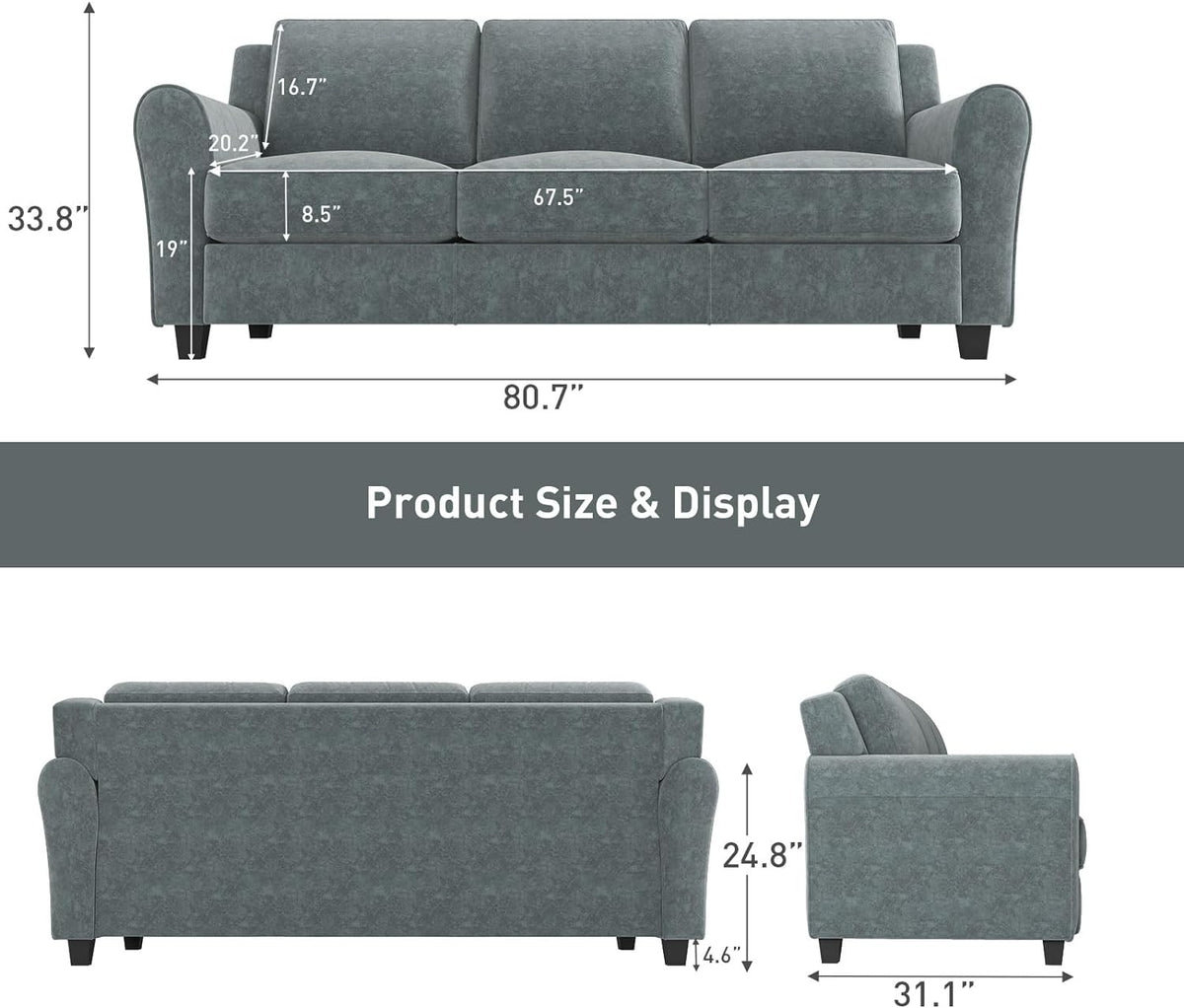 Grey 3 Seater Sofa Couch E3334