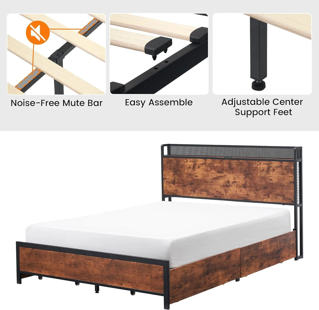 Queen Bed Frame with Storage Drawers and Charging Station U252510
