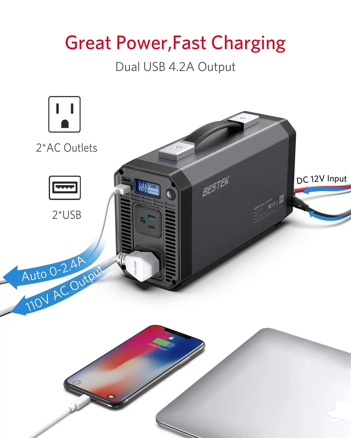1200W Power Inverter DC 12V to 110V AC Converter with LCD Display Dual USB Car Charger A2210
