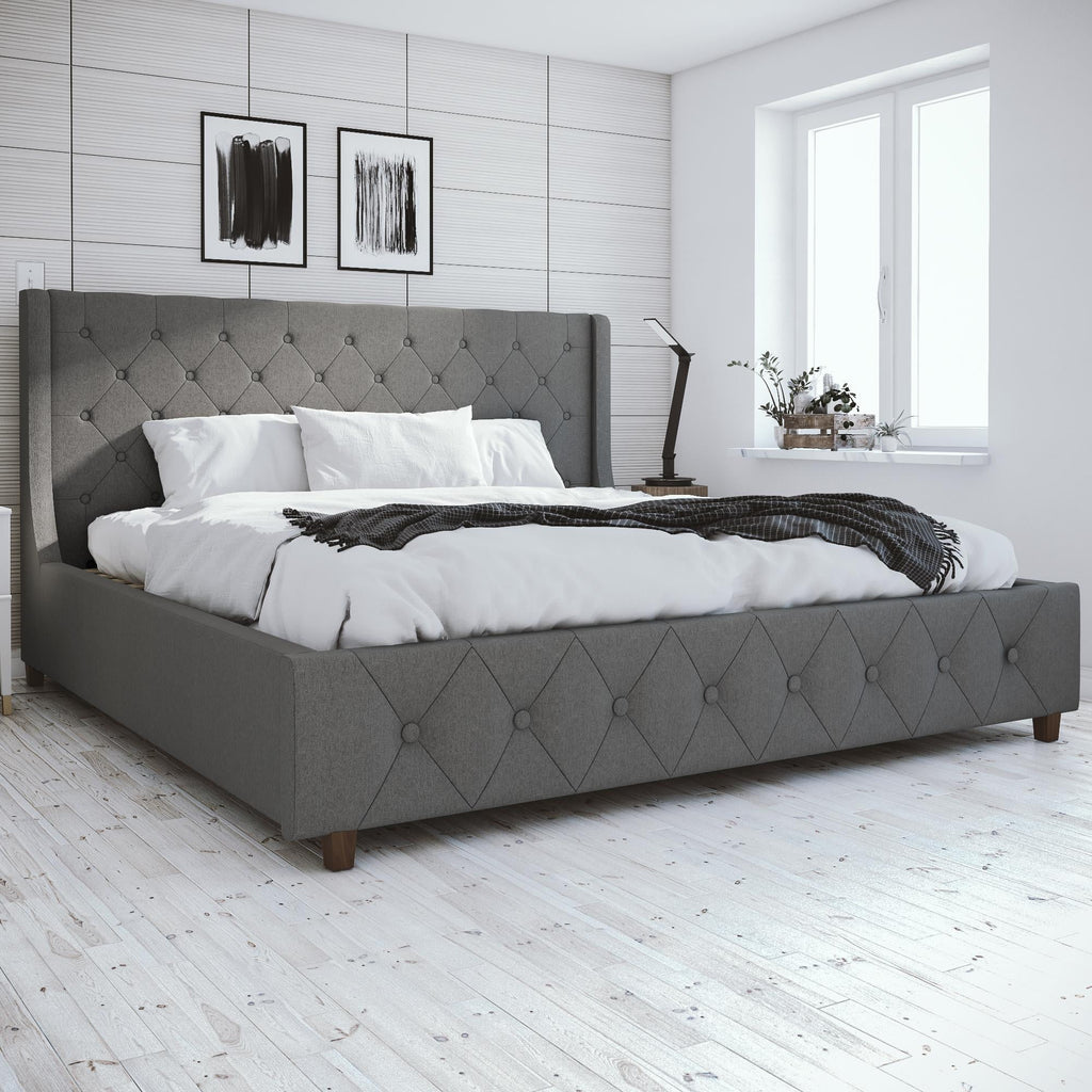 King Light Gray Linen Upholstered Bed J53110
