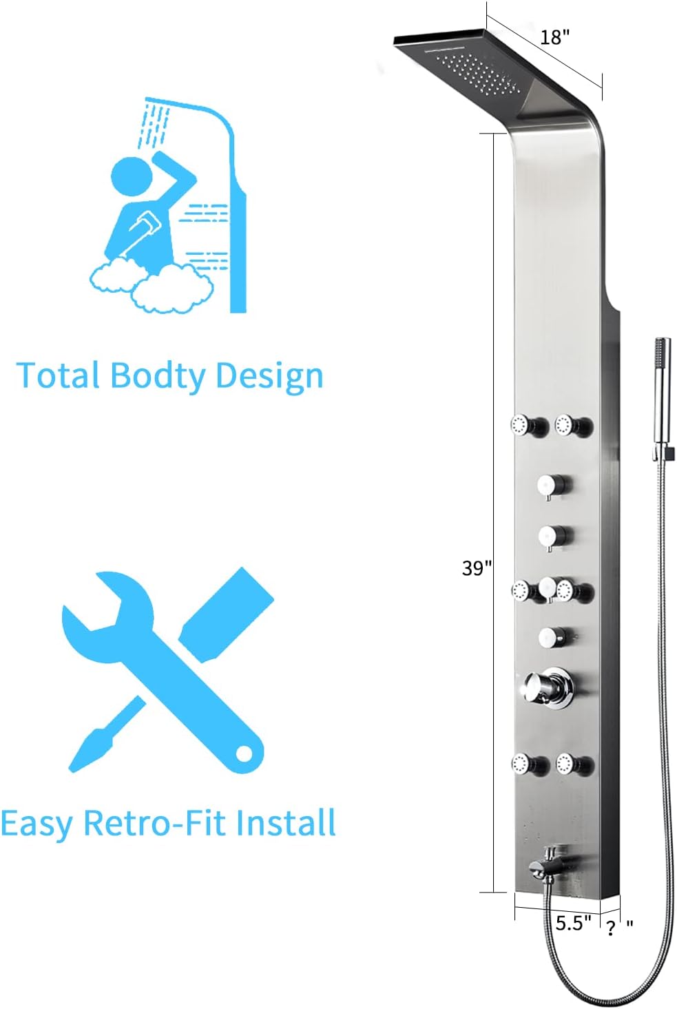 Real #304 Stainless Steel Wall Mount Shower Panel System Q13047
