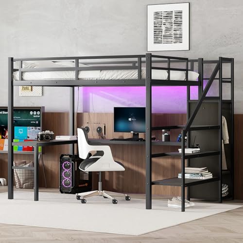 Full XL Size Black Metal Loft Bed with L-Shaped Desk and Stairs P58160
